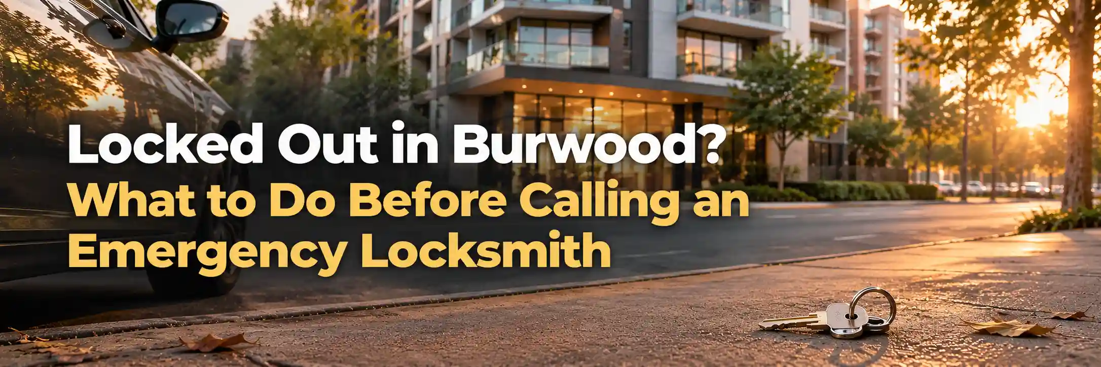 Person locked out in Burwood with keys on the ground near an apartment building